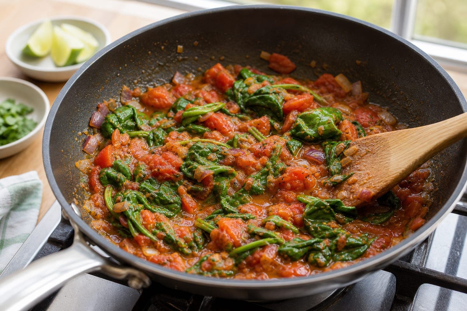 Indian-Style Masala Egg Breakfast Wraps cooking step 3: Soften tomatoes and spinach.