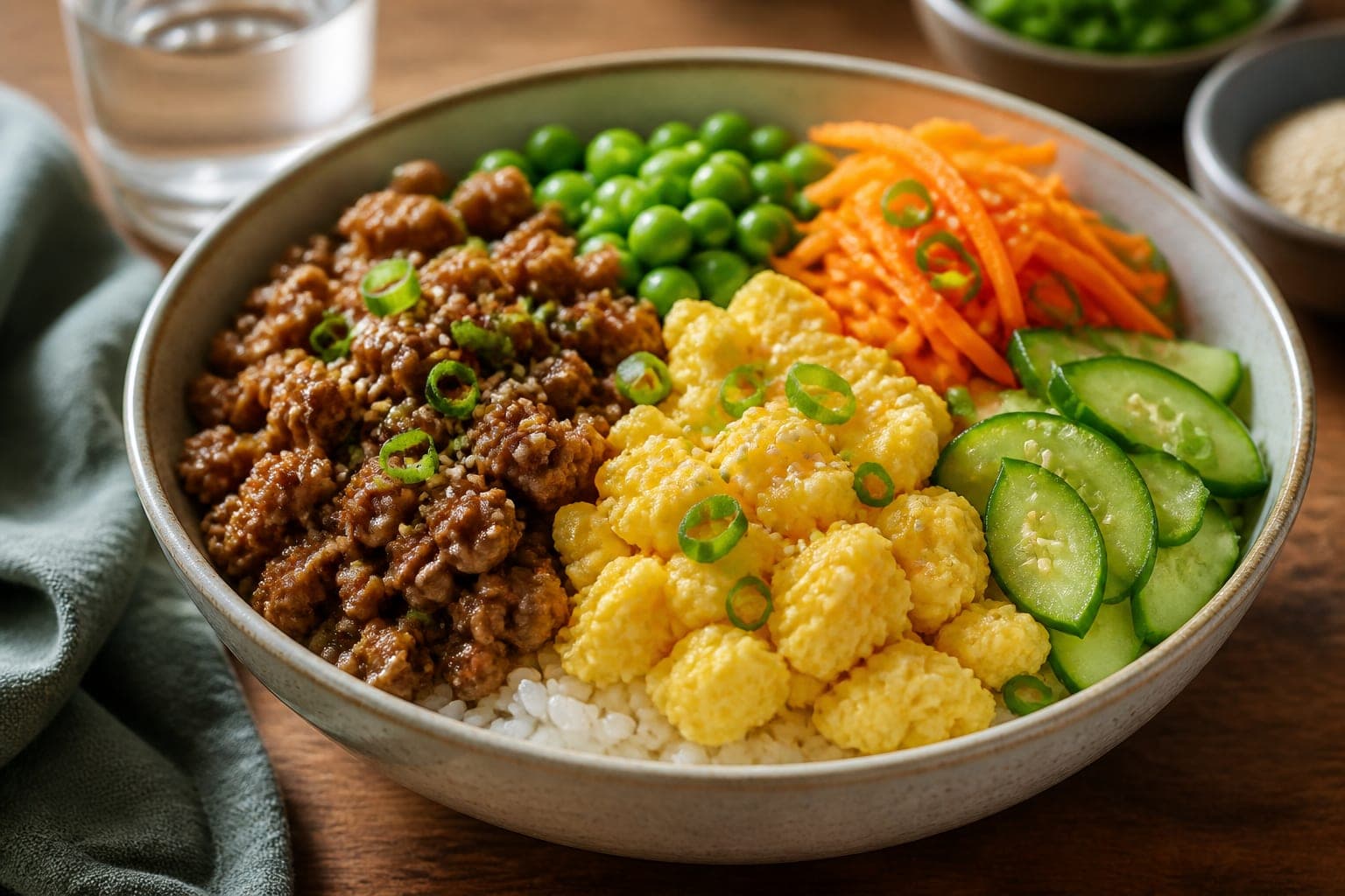 Japanese-Style Pork Soboro Rice Bowls plated and ready to serve.