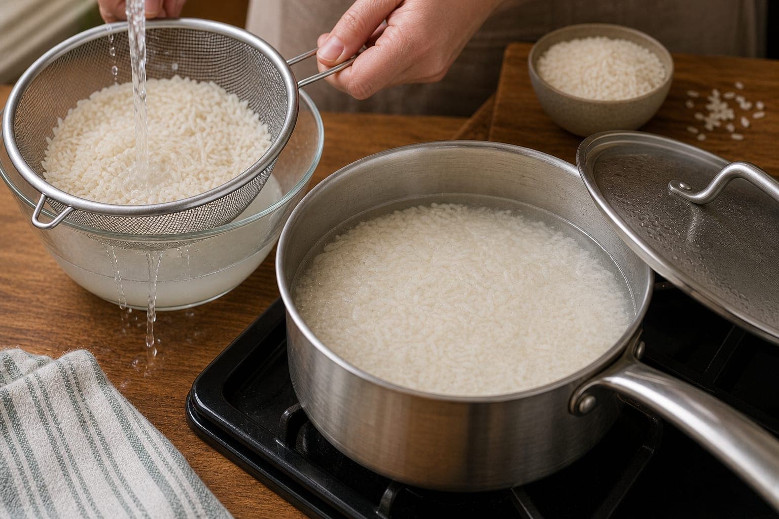 Japanese-Style Pork Soboro Rice Bowls cooking step 1: Cook the rice.