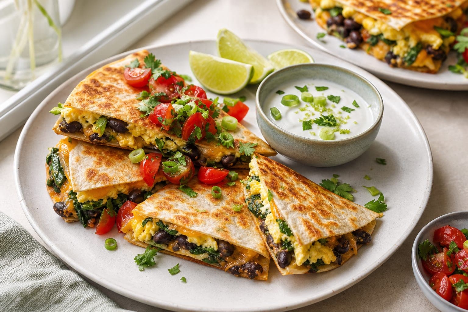 Mexican-Style Breakfast Bean Quesadillas plated and ready to serve.