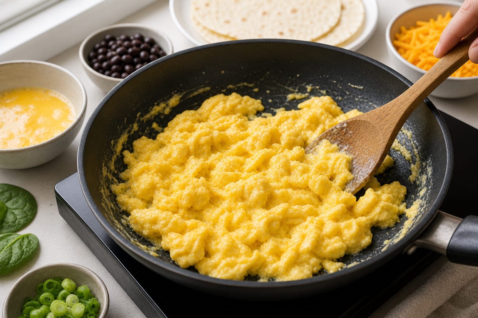 Mexican-Style Breakfast Bean Quesadillas cooking step 3: Soft-scramble the eggs.