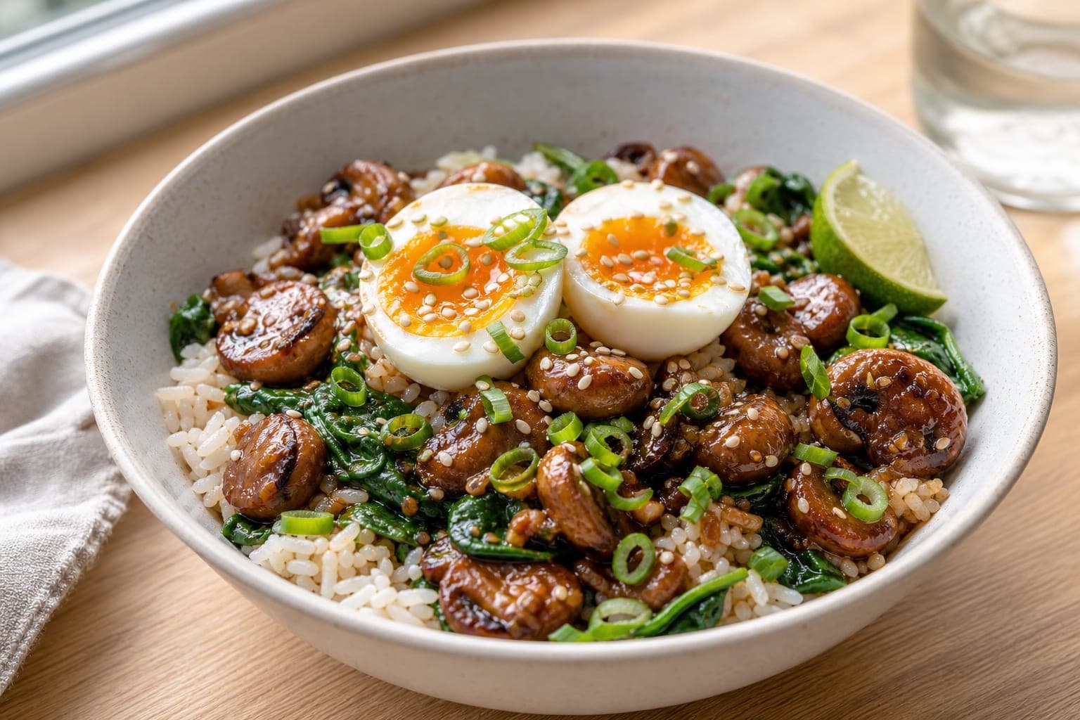 Miso Mushroom Egg Breakfast Rice Bowls plated and ready to serve.