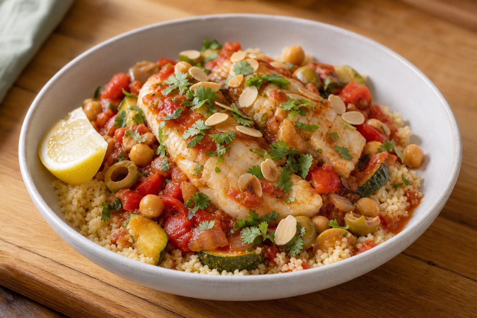 Moroccan-Style Fish Tagine Couscous Bowls plated and ready to serve.