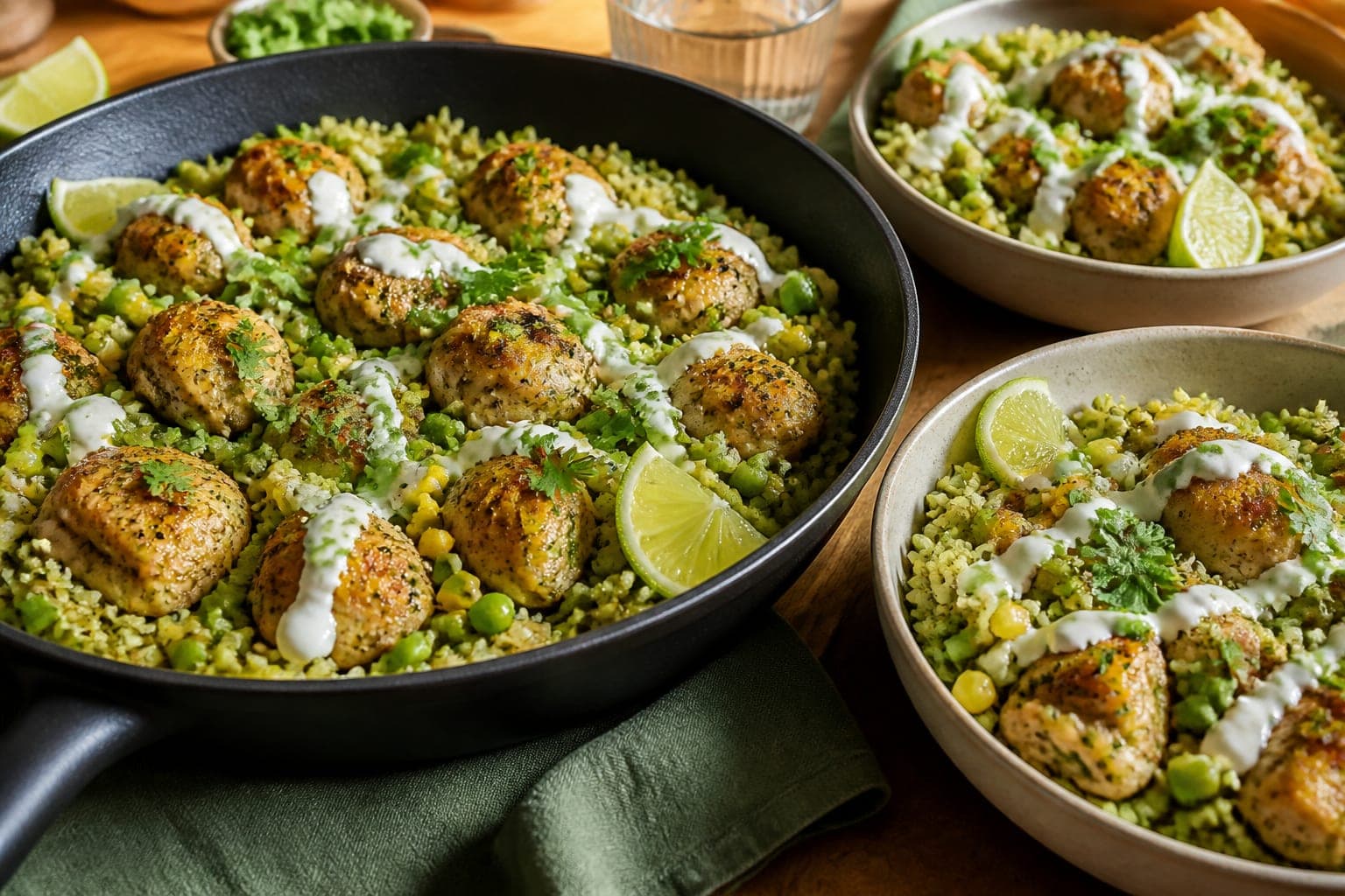 Peruvian-Style Green Chicken Rice Skillet plated and ready to serve.