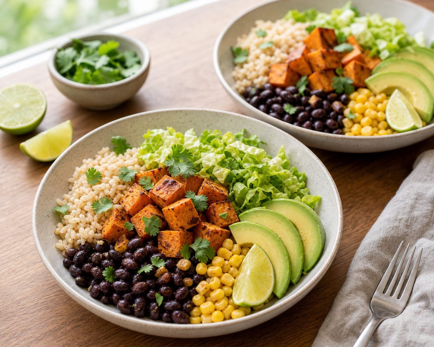 Sweet Potato Black Bean Rice Bowls plated and ready to serve.