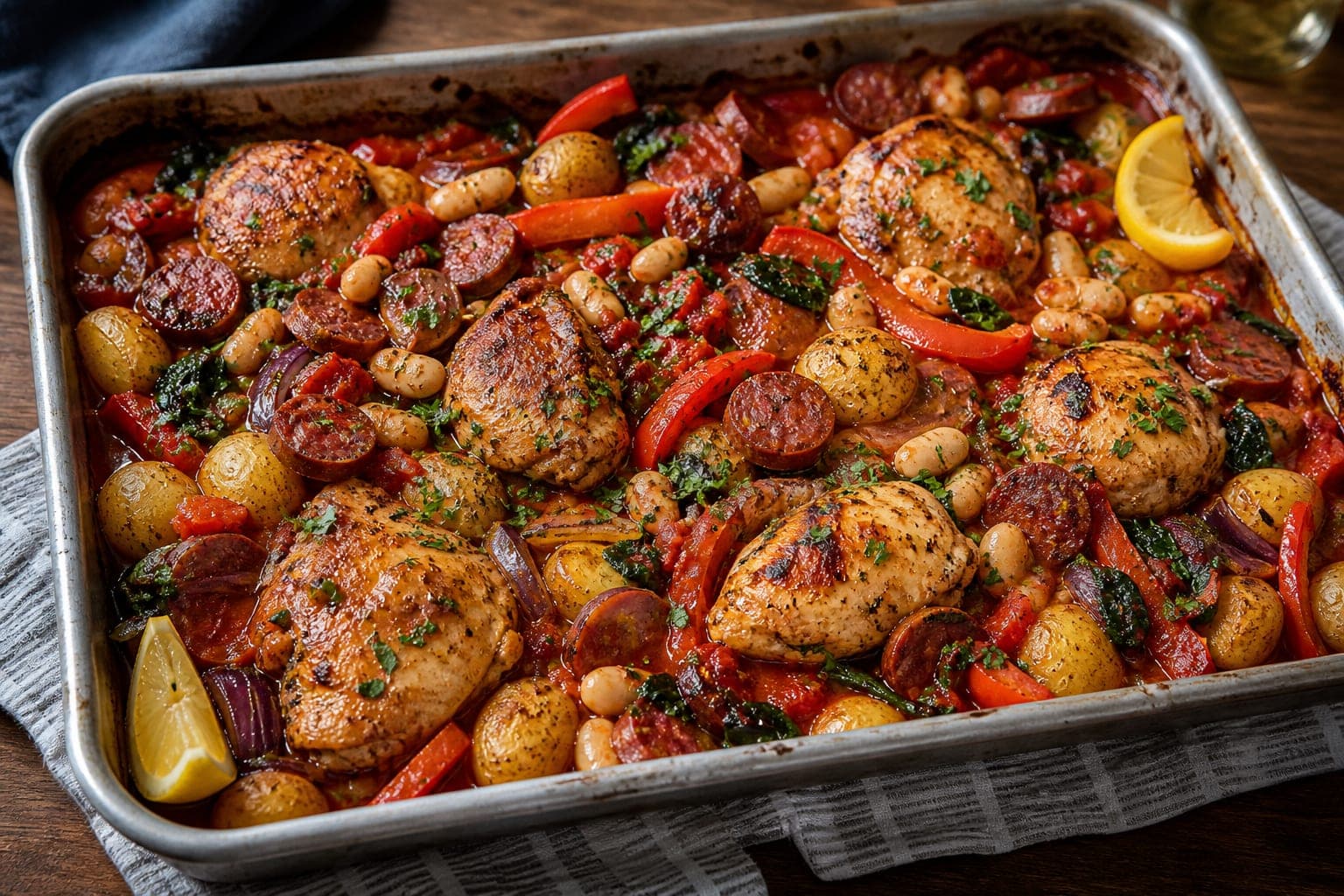 Spanish-Style Chicken Chorizo Butterbean Traybake plated and ready to serve.