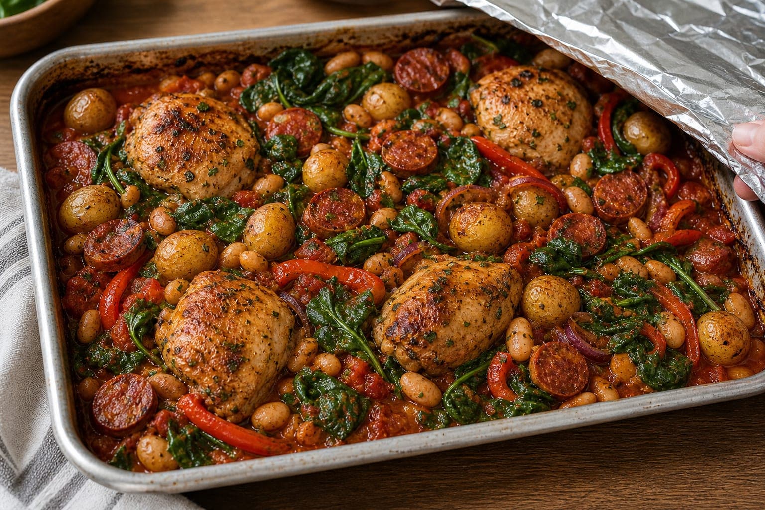 Spanish-Style Chicken Chorizo Butterbean Traybake cooking step 5: Wilt the spinach.