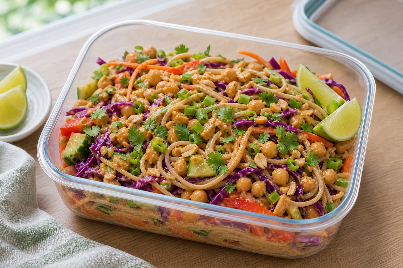 Thai-Style Peanut Chickpea Noodle Boxes plated and ready to serve.