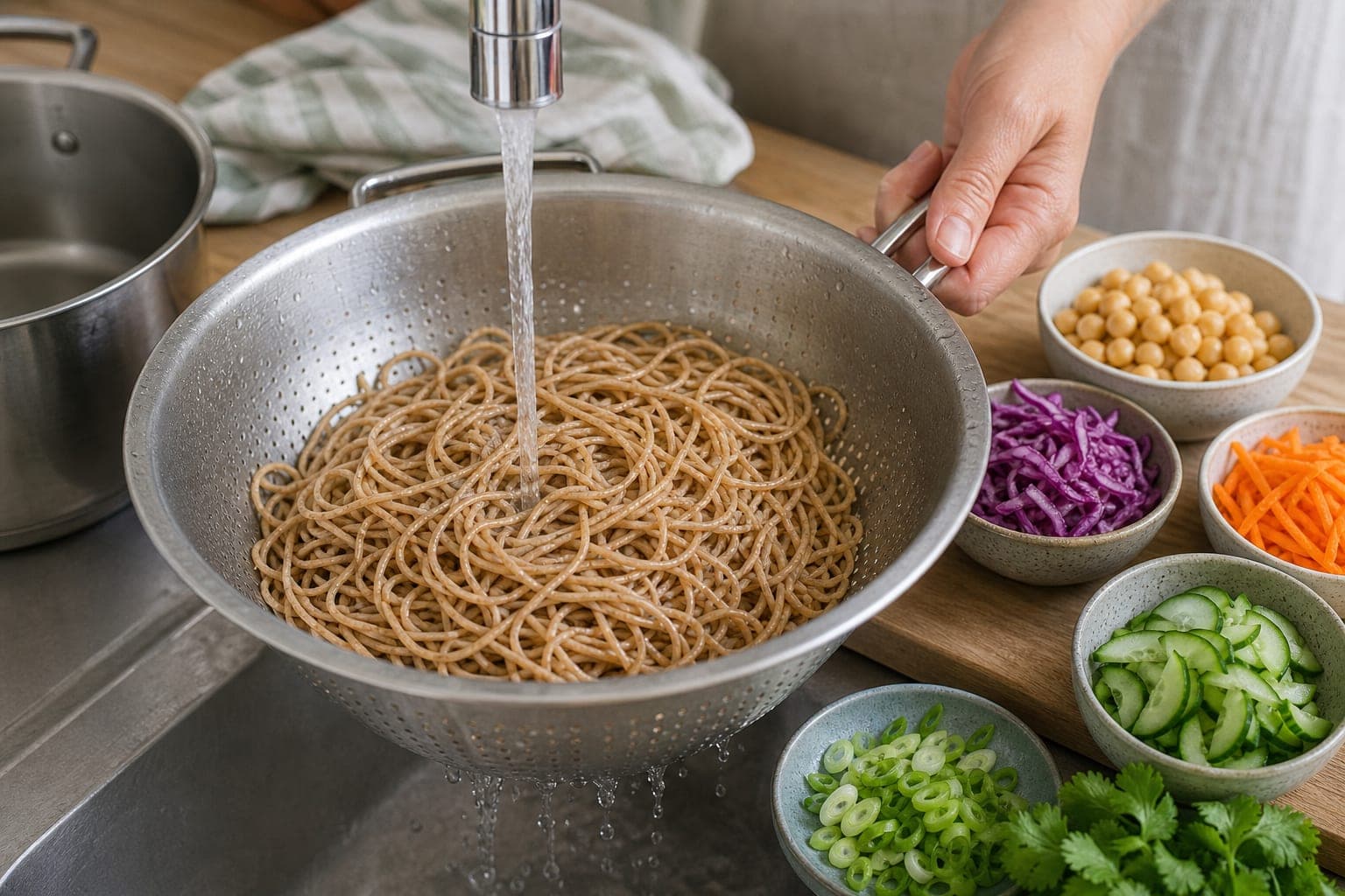 Thai-Style Peanut Chickpea Noodle Boxes cooking step 1: Cook and cool the noodles.