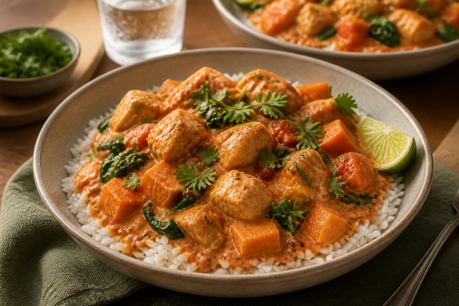 West African-Inspired Peanut Chicken Stew plated and ready to serve.