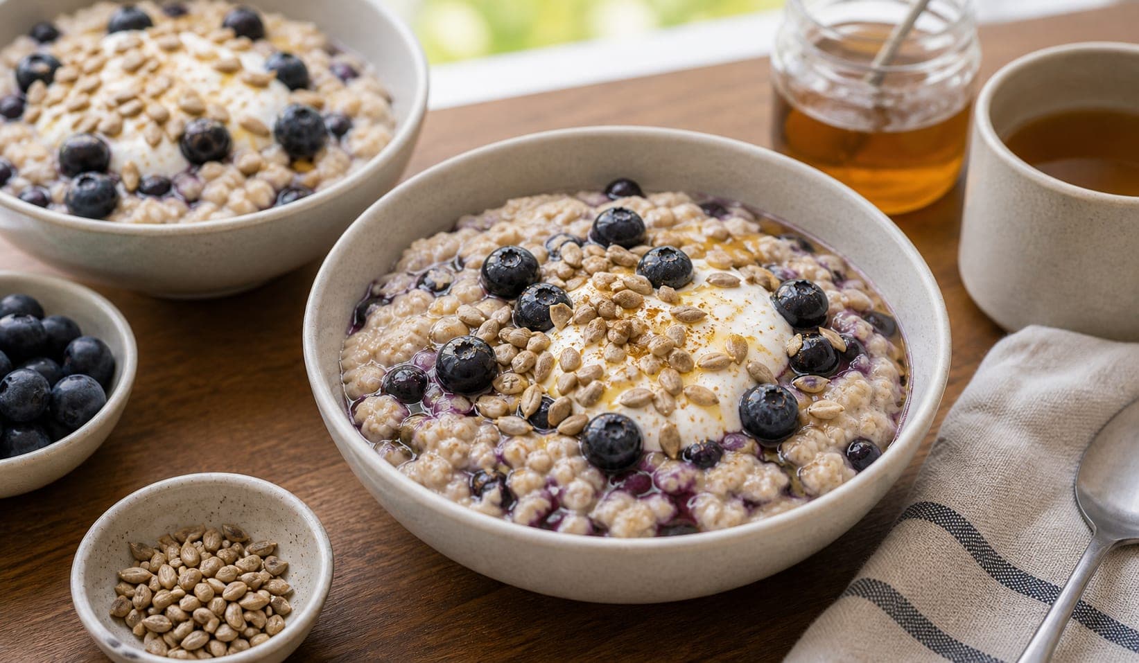 Blueberry Ginger Sunflower Seed Porridge plated and ready to serve.