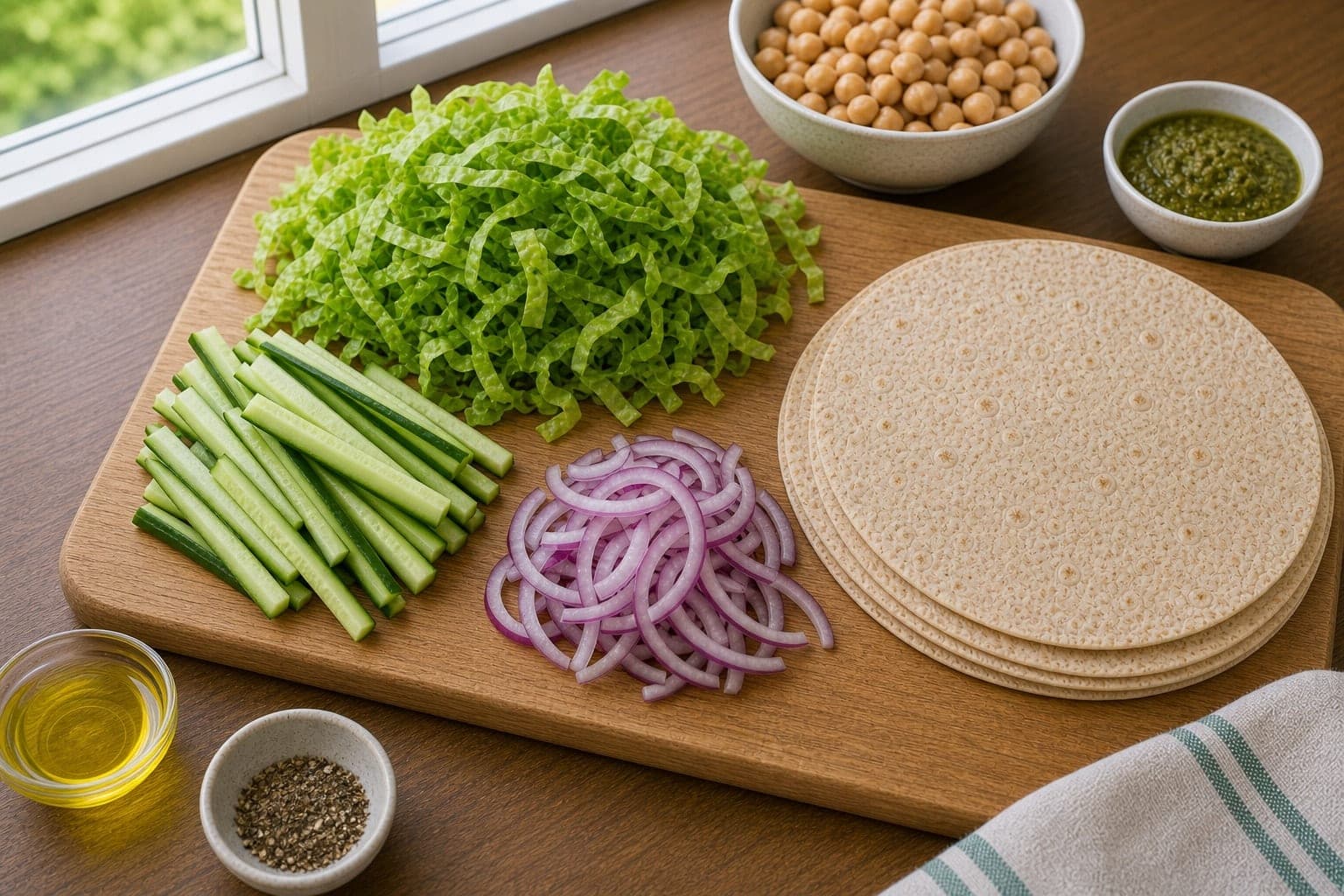 Chickpea Cucumber Pesto Wraps cooking step 1: Prepare the vegetables.