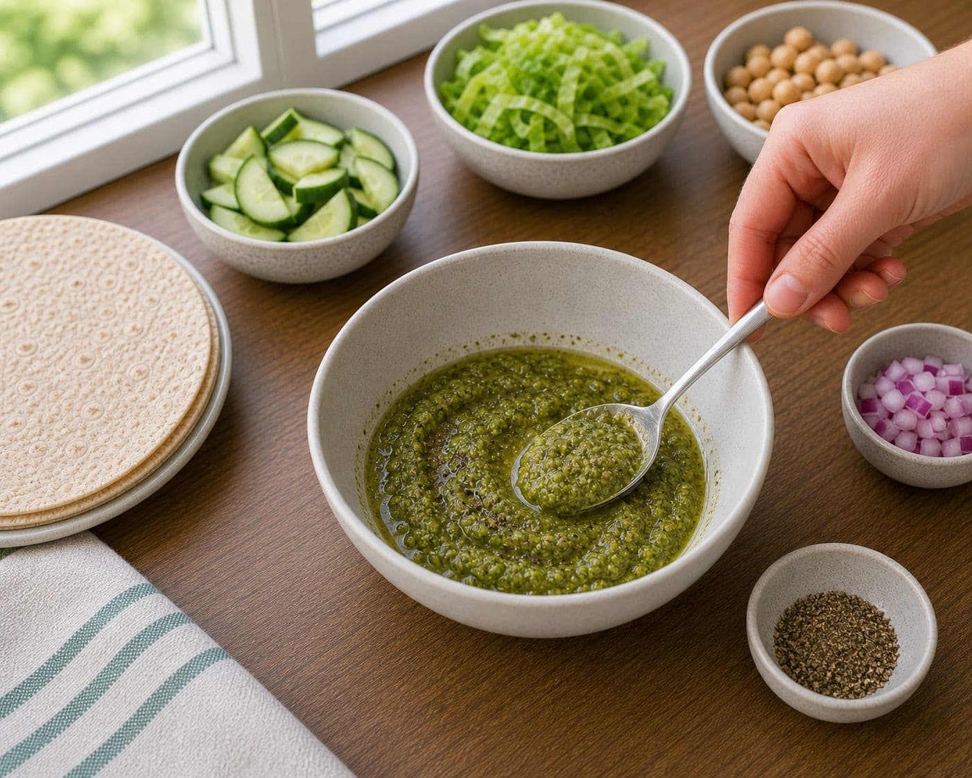 Chickpea Cucumber Pesto Wraps cooking step 3: Make the dressing.