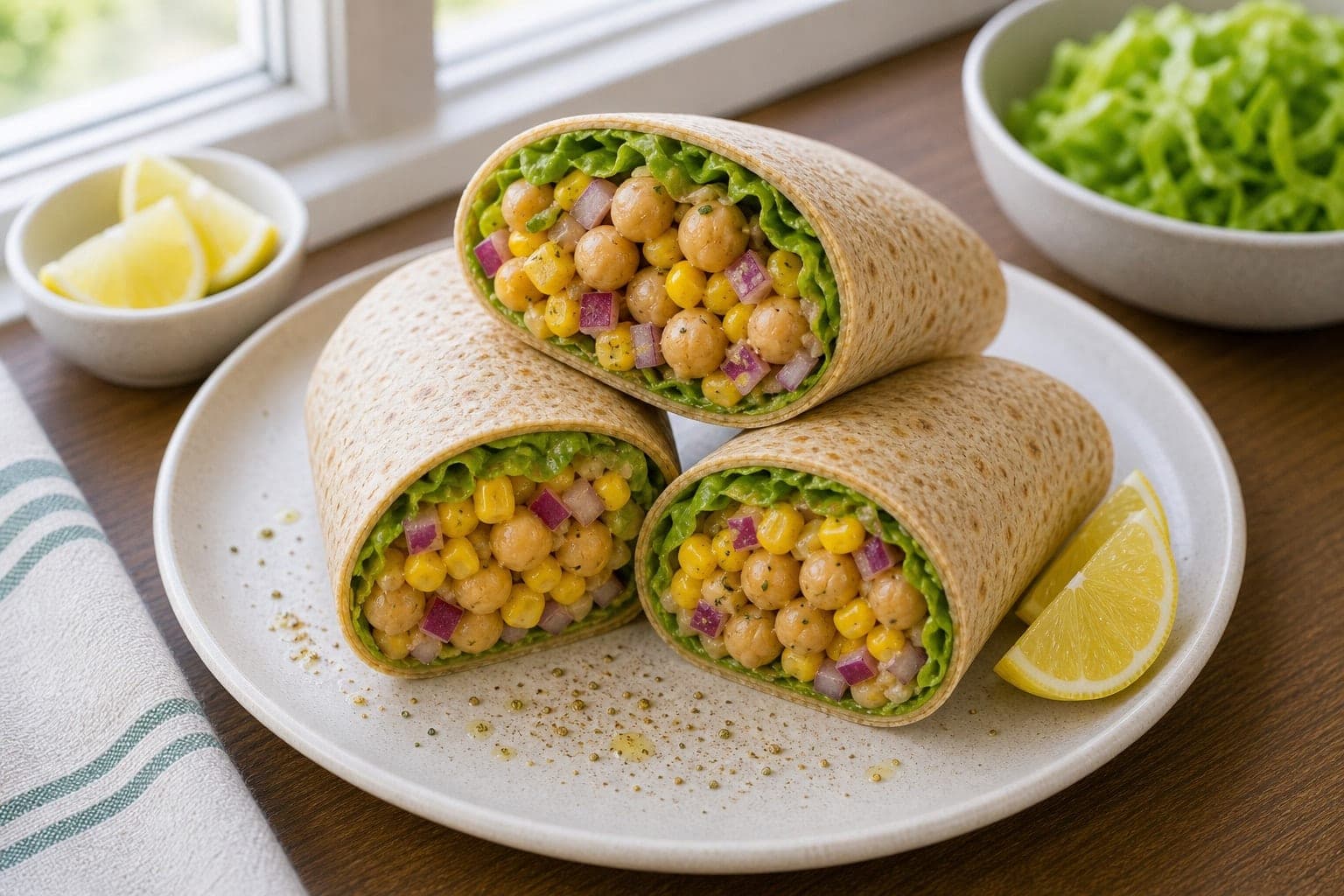 Chickpea Sweetcorn Lemon Wraps plated and ready to serve.