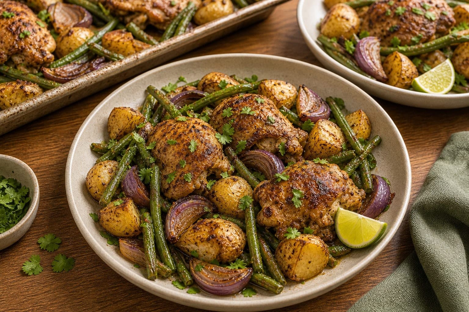 Cumin Chicken Green Bean Traybake plated and ready to serve.