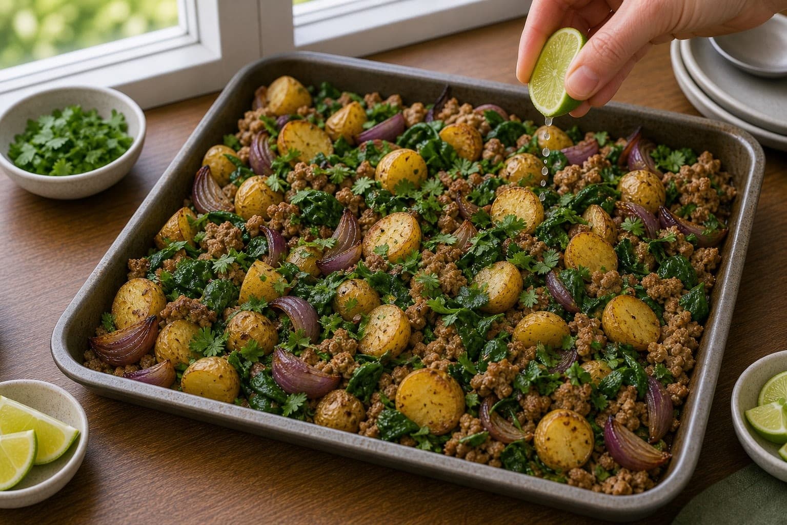Cumin Turkey Spinach Traybake cooking step 5: Add freshness.