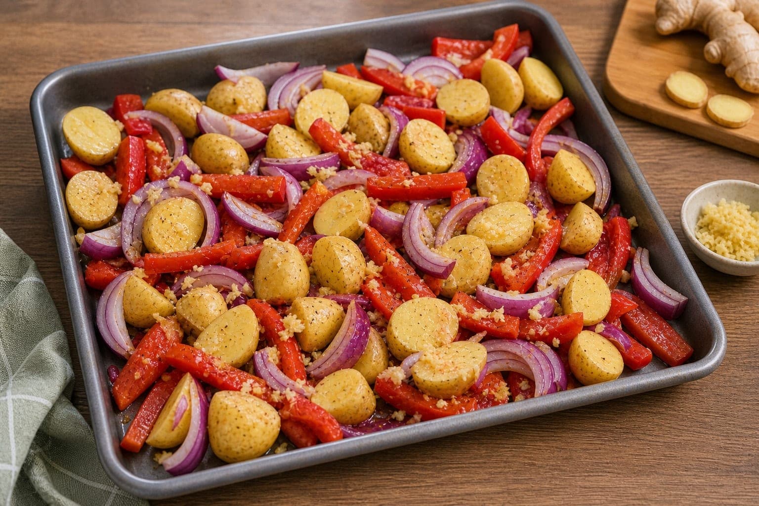 Ginger Turkey Pepper Traybake cooking step 2: Season the base.