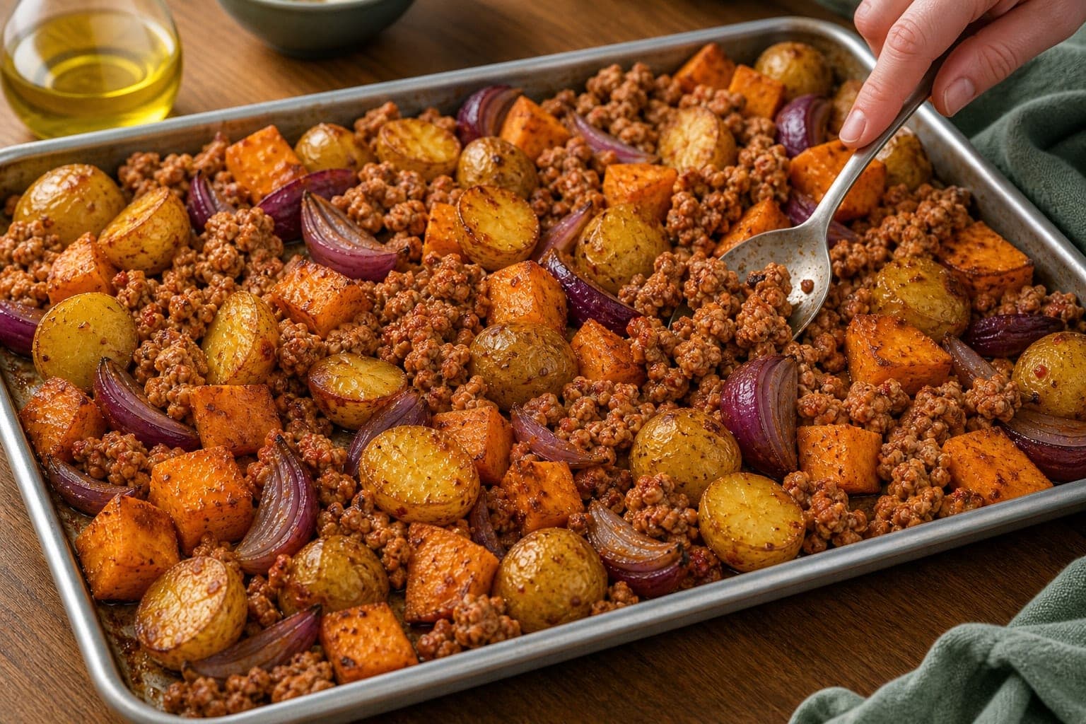 Harissa Turkey Sweet Potato Traybake cooking step 4: Add the protein.