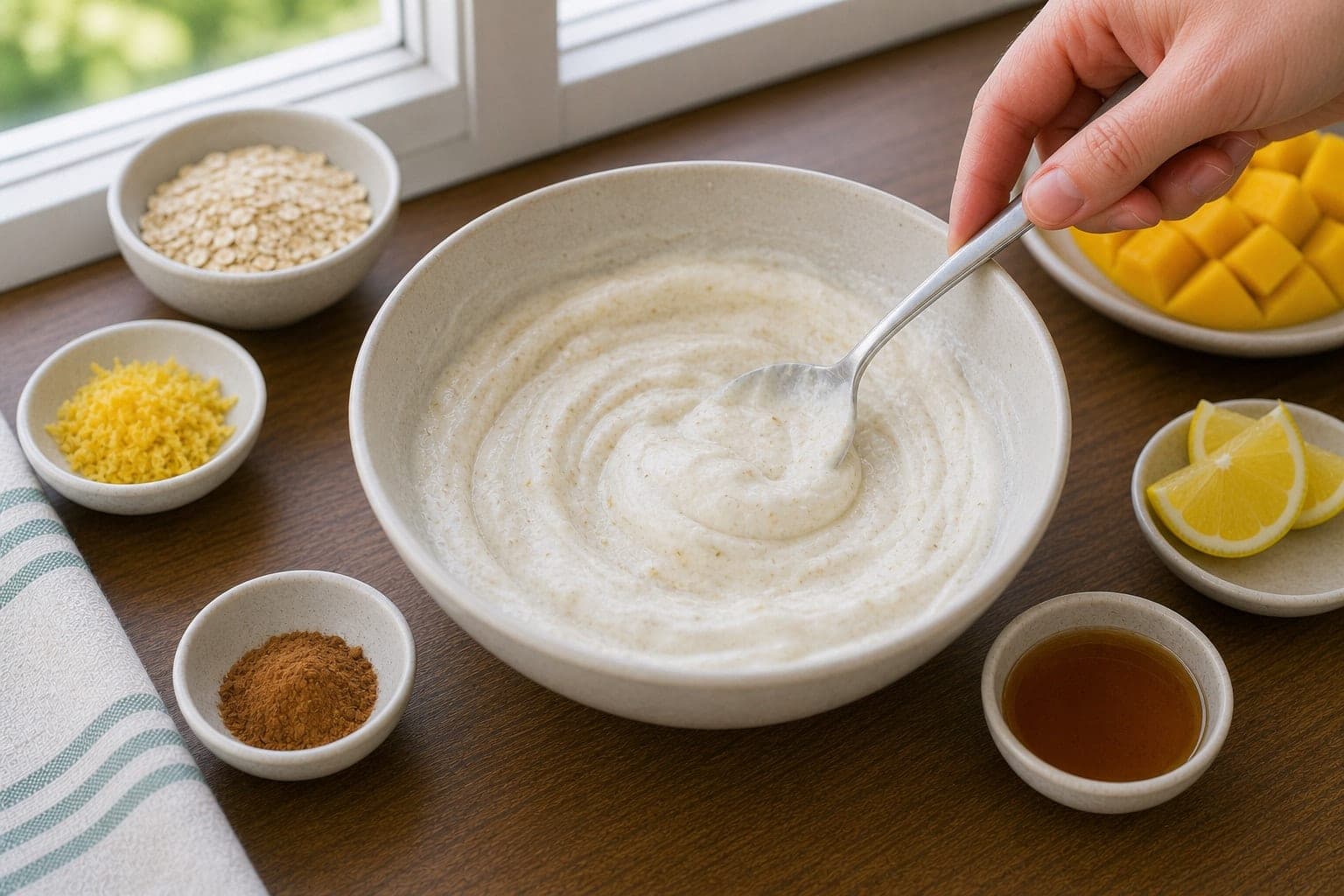 Mango Almond Yoghurt Pots cooking step 2: Flavour the yoghurt.