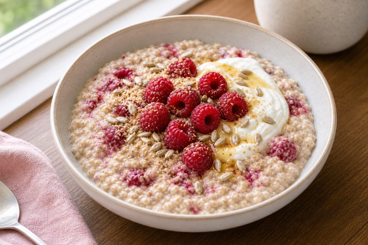 Raspberry Ginger Sunflower Seed Porridge plated and ready to serve.