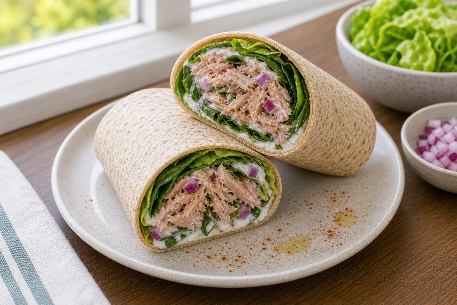 Tuna Spinach Yoghurt Wraps plated and ready to serve.