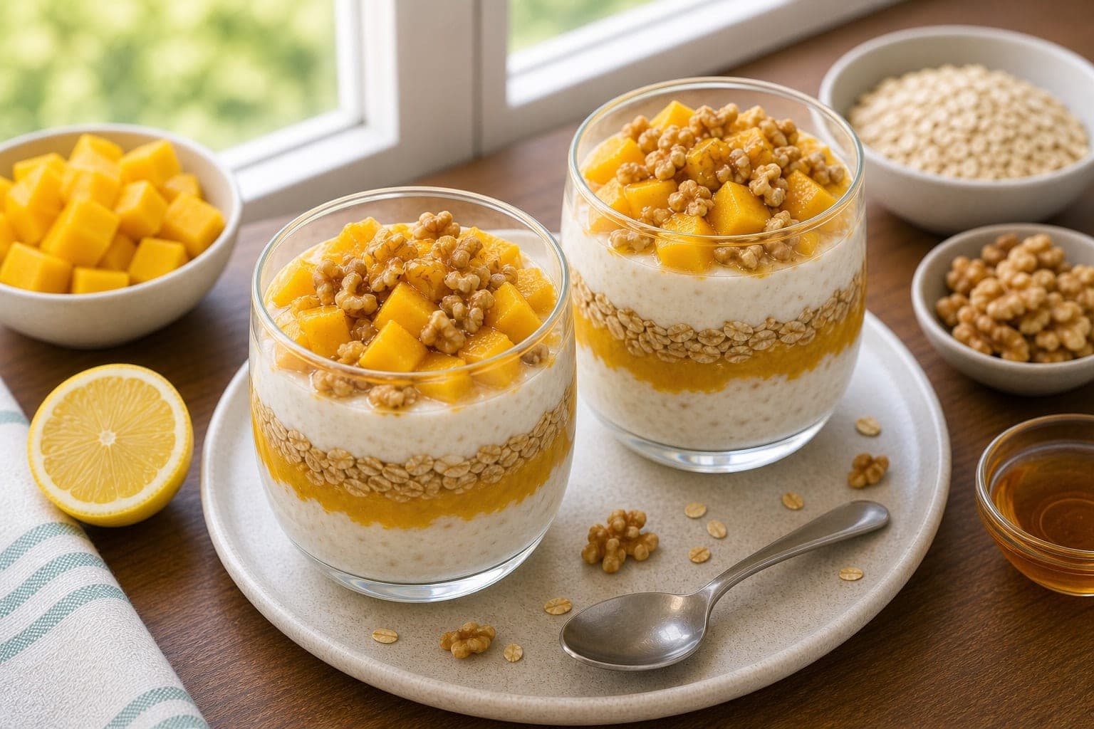 Mango Walnut Yoghurt Pots plated and ready to serve.
