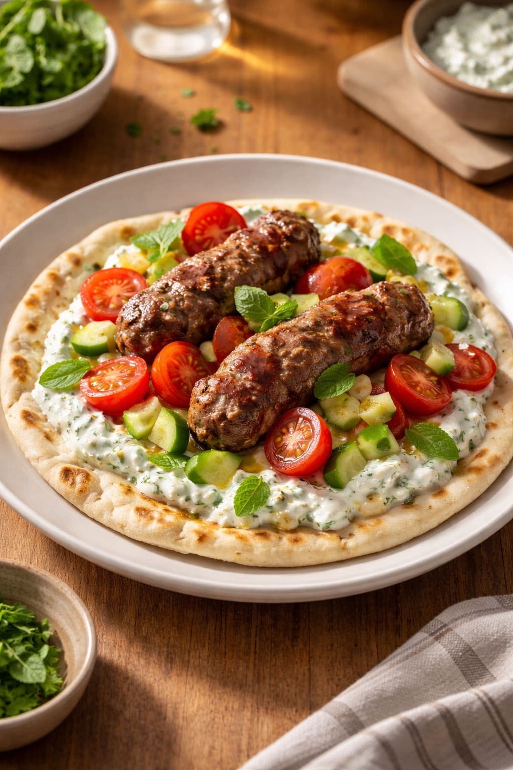Beef Kofta Tzatziki Flatbreads plated and ready to serve.