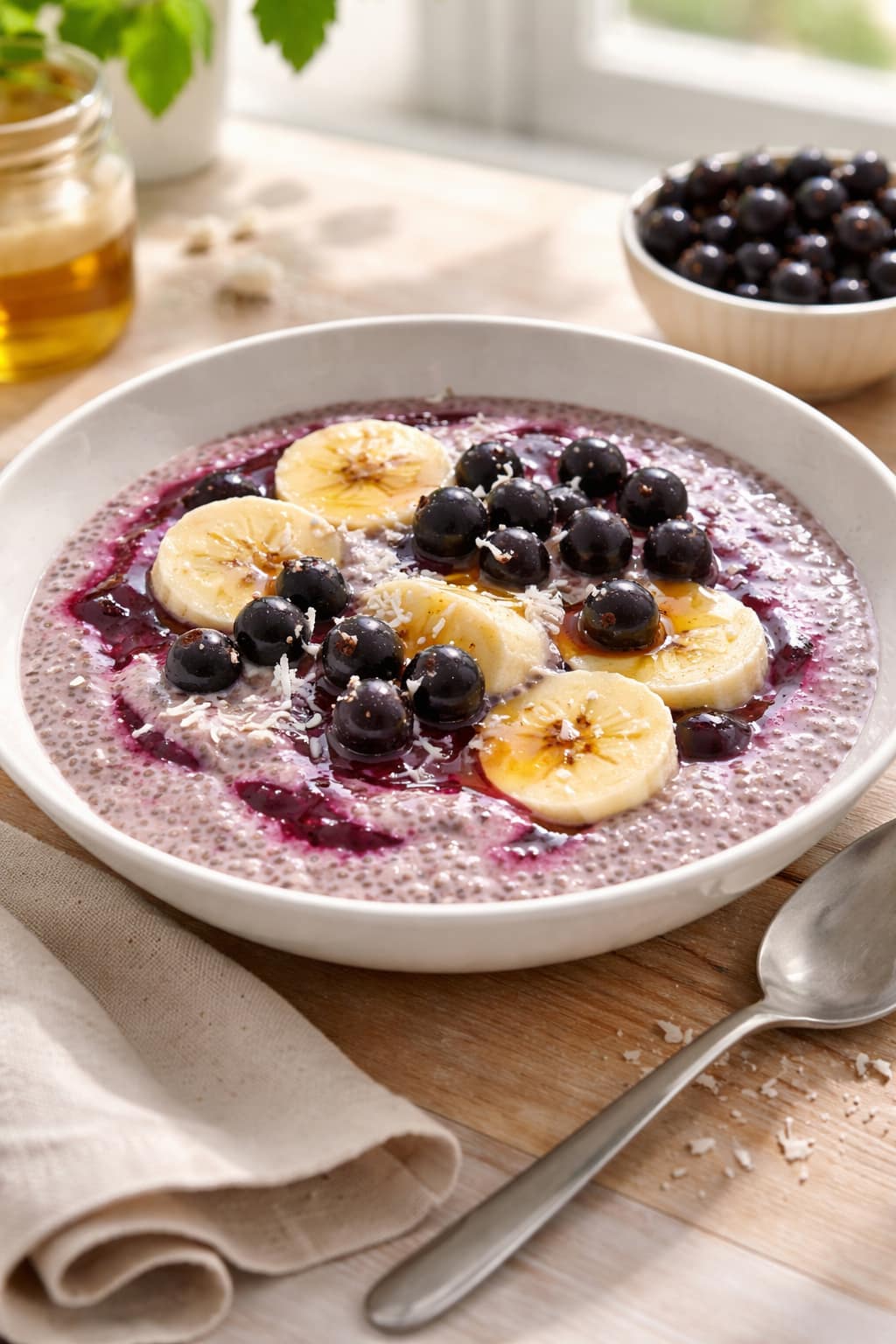 Blackcurrant Chia Pudding plated and ready to serve.
