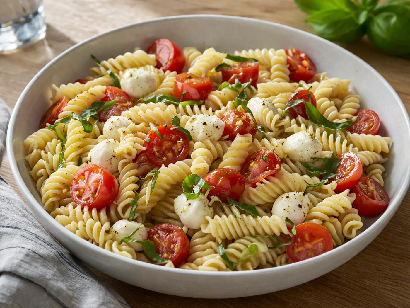Caprese Pasta Salad plated and ready to serve.