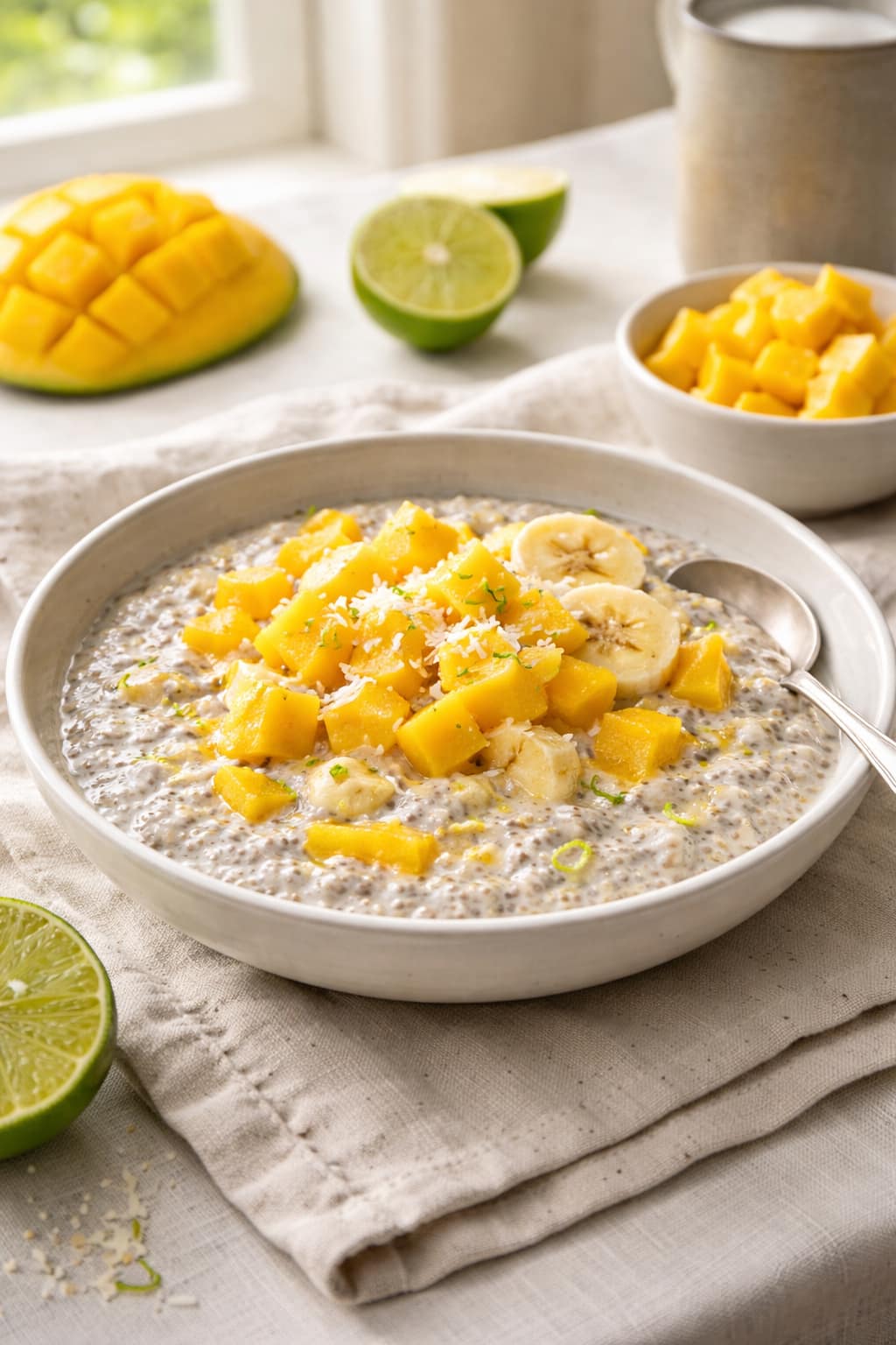 Coconut Mango Chia Pots plated and ready to serve.