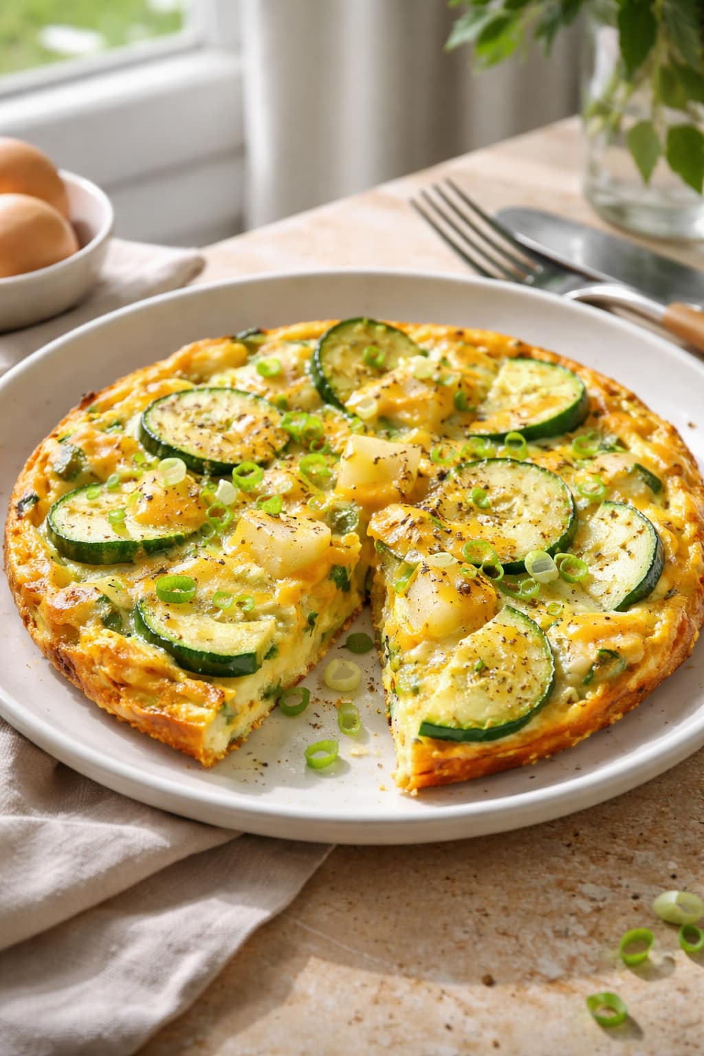 Courgette Cheddar Frittata plated and ready to serve.