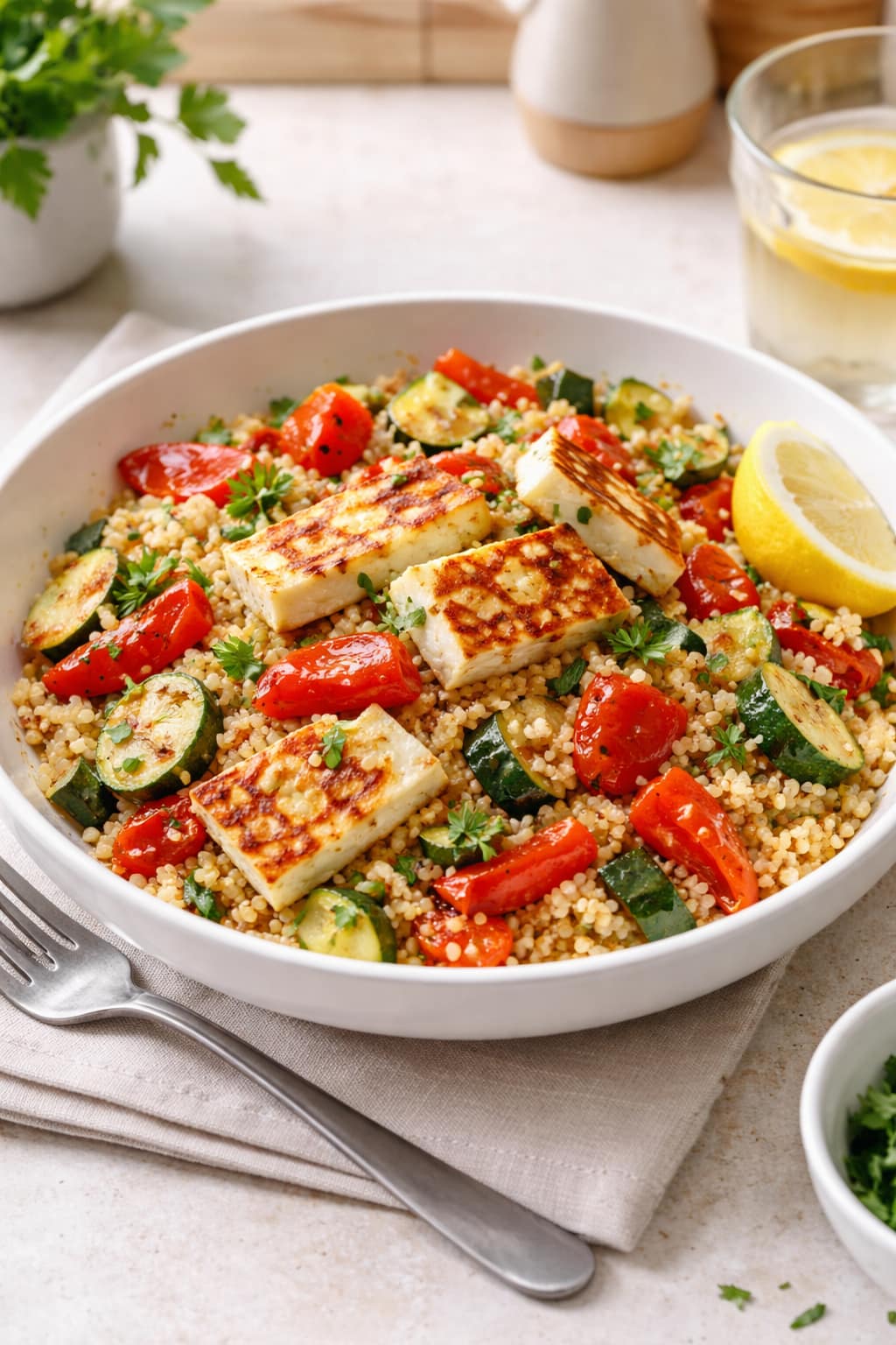 Grilled halloumi with couscous, courgette, tomatoes, herbs, and lemon.