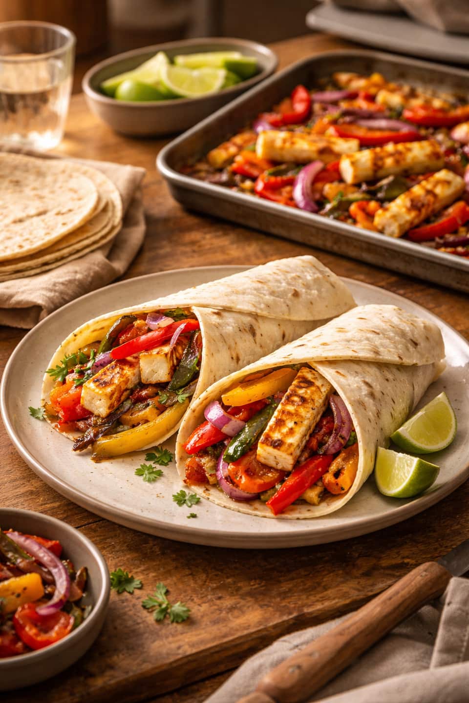 Halloumi Pepper Fajita Tray plated and ready to serve.