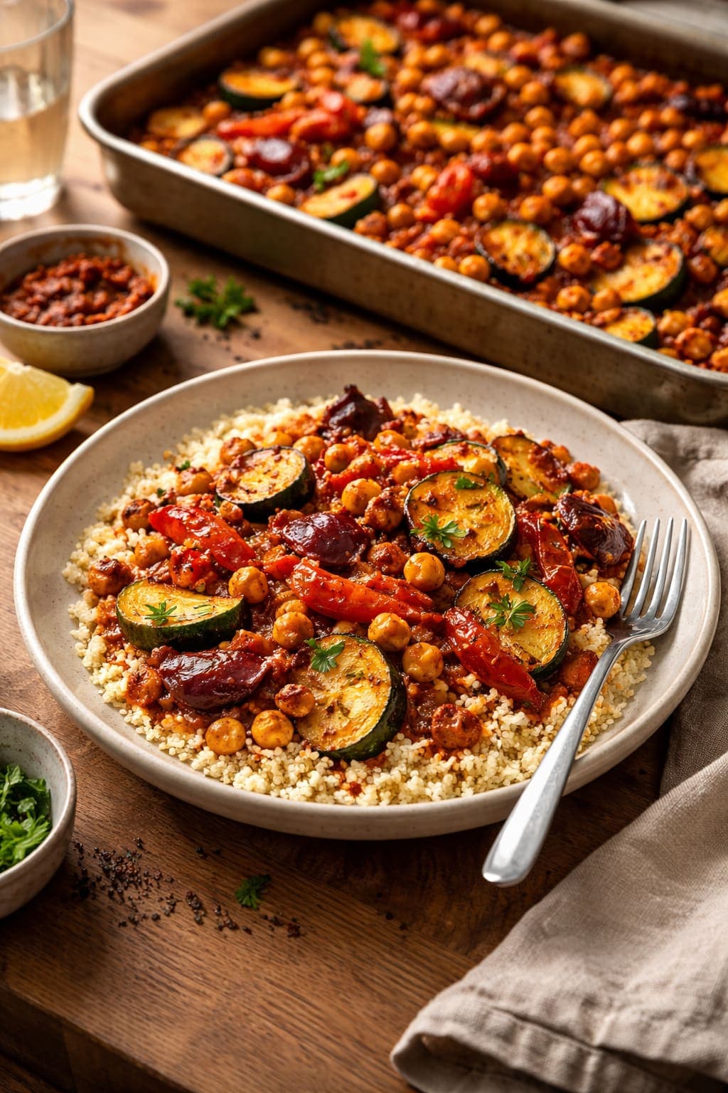Harissa Chickpea Roast plated and ready to serve.