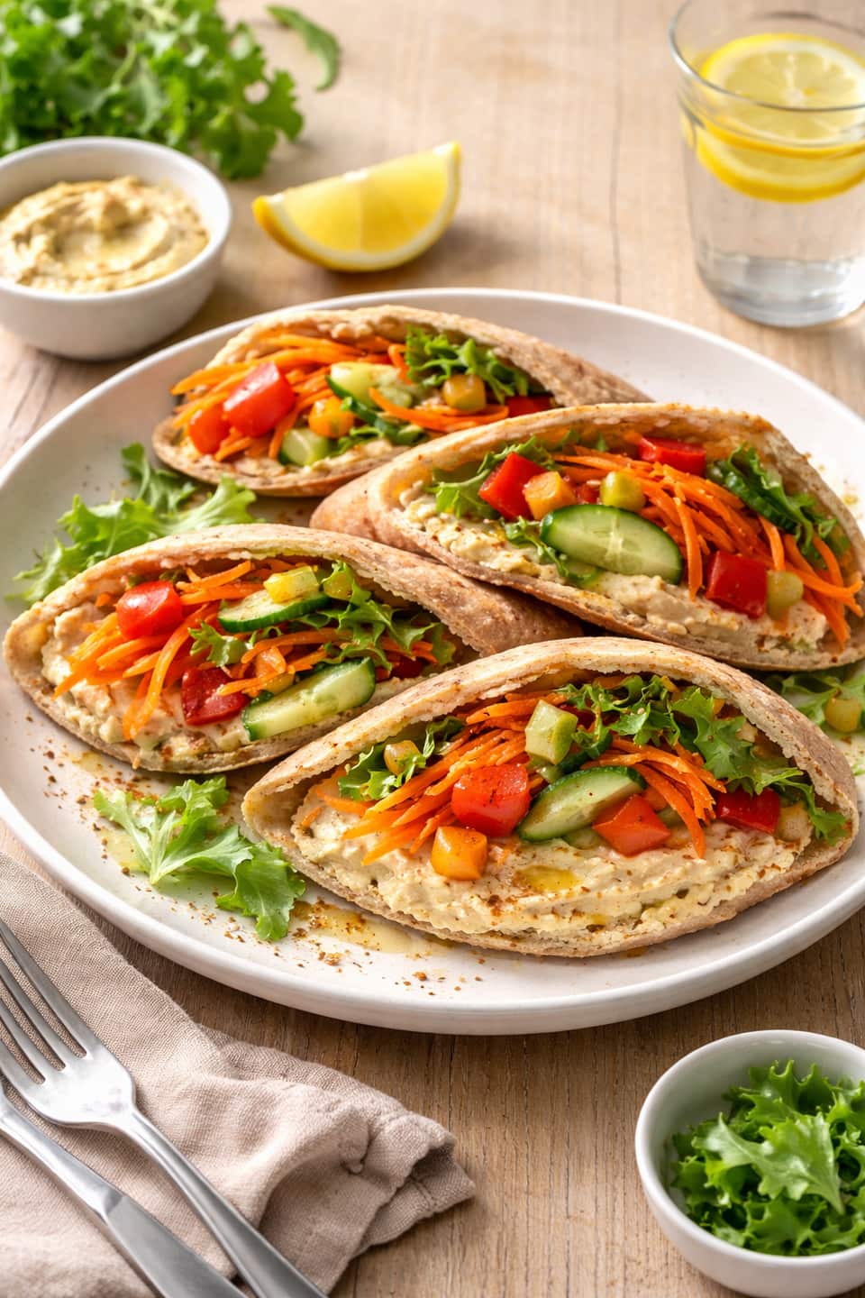 Hummus Rainbow Pitta plated and ready to serve.