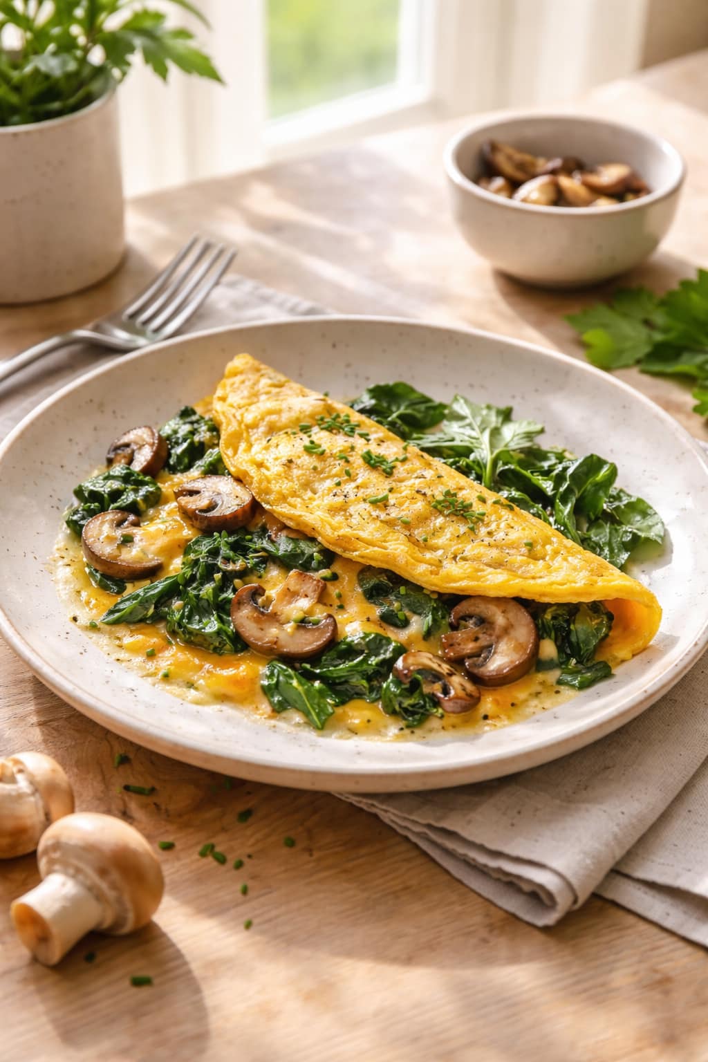 Mushroom Spinach Omelette plated and ready to serve.