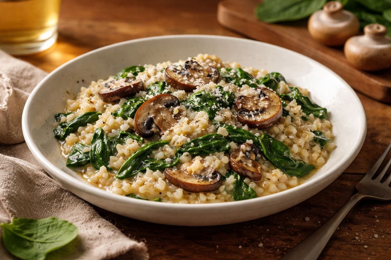 Mushroom Spinach Risotto plated and ready to serve.