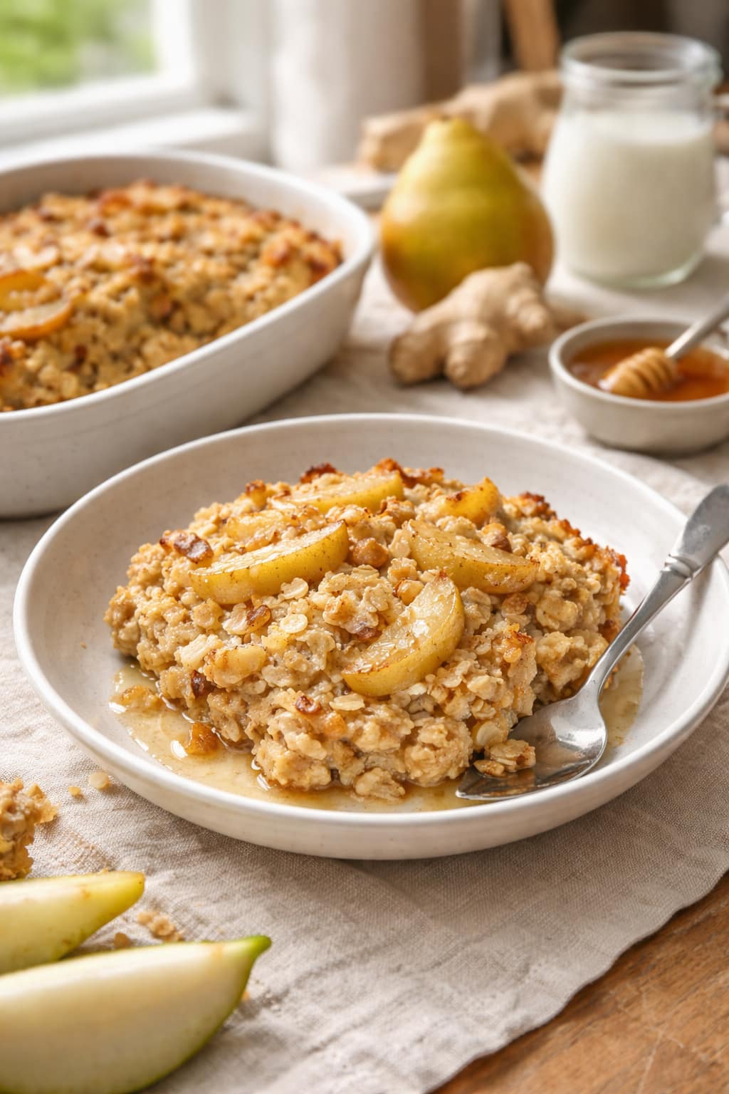 Pear Ginger Baked Oats plated and ready to serve.