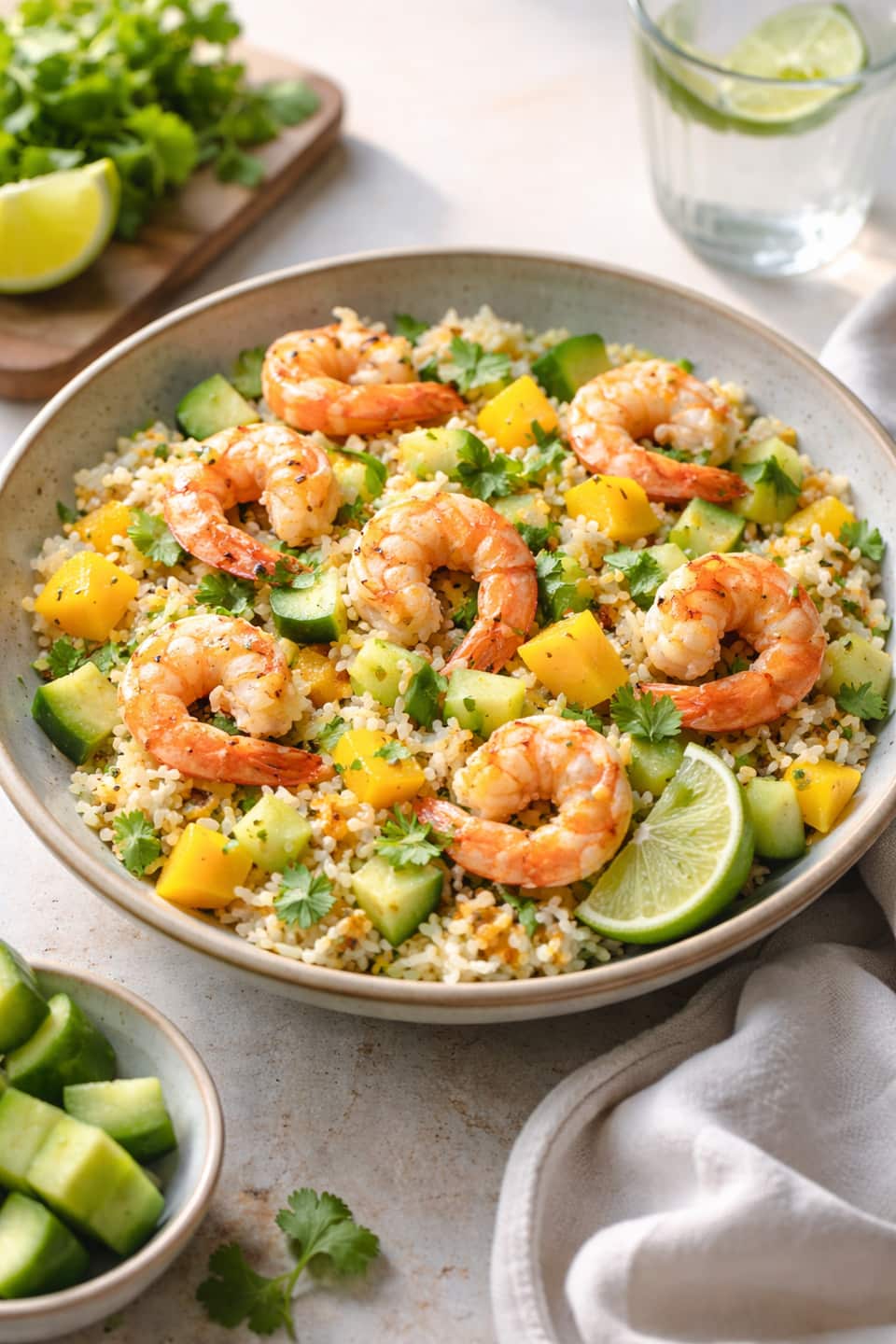 Prawn Mango Rice Salad plated and ready to serve.