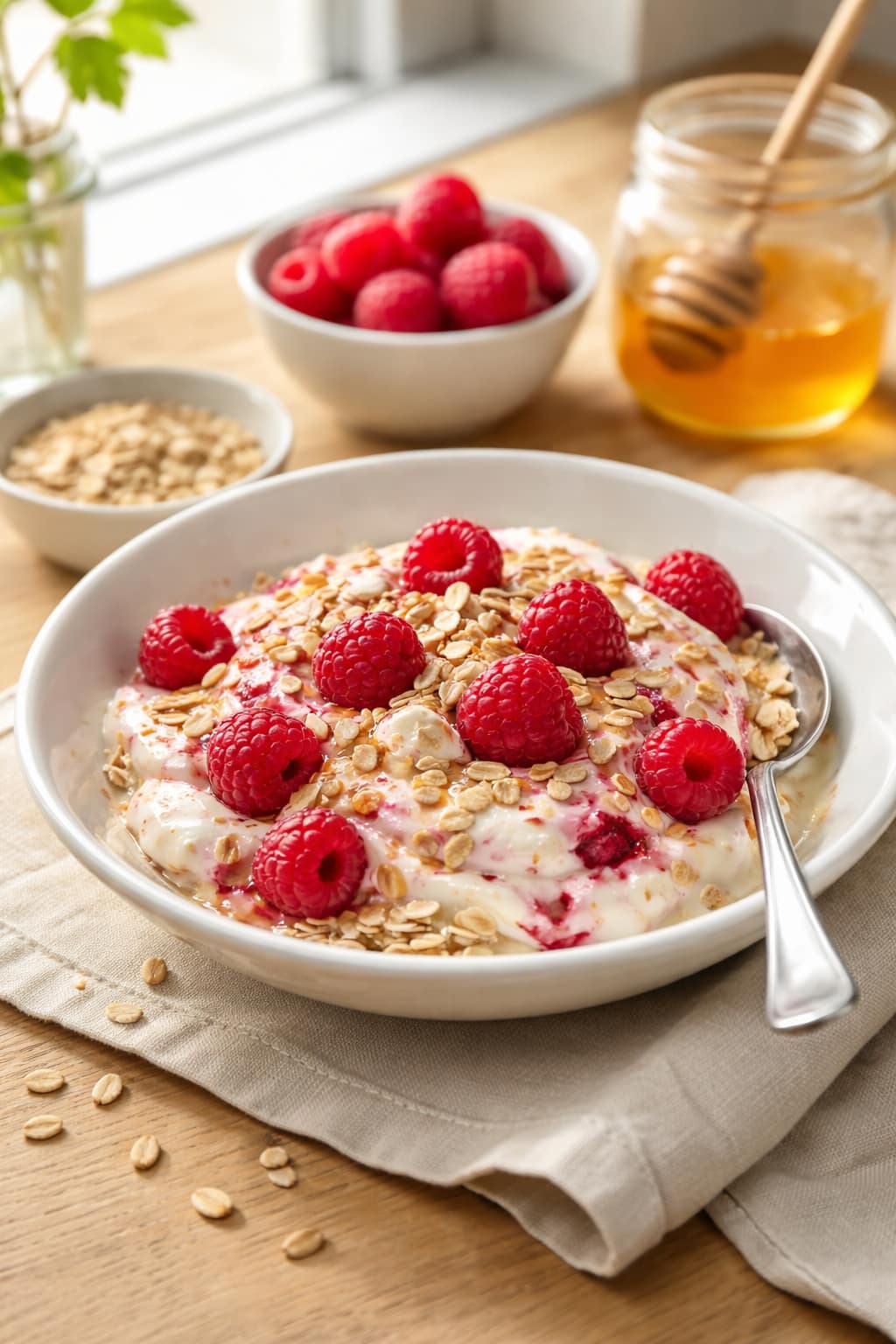 Raspberry Yogurt Parfaits plated and ready to serve.
