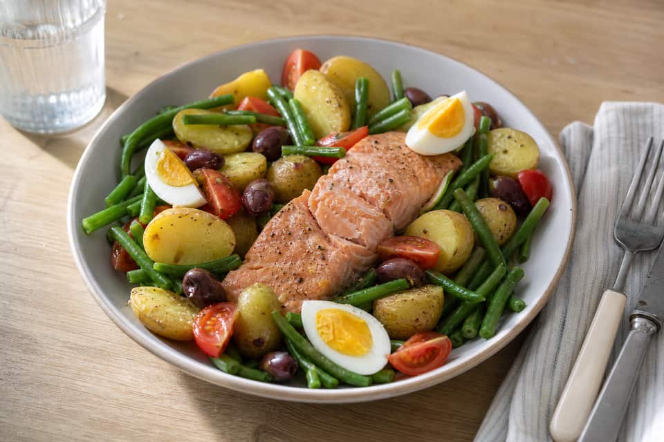 Salmon Nicoise Lunch Boxes plated and ready to serve.