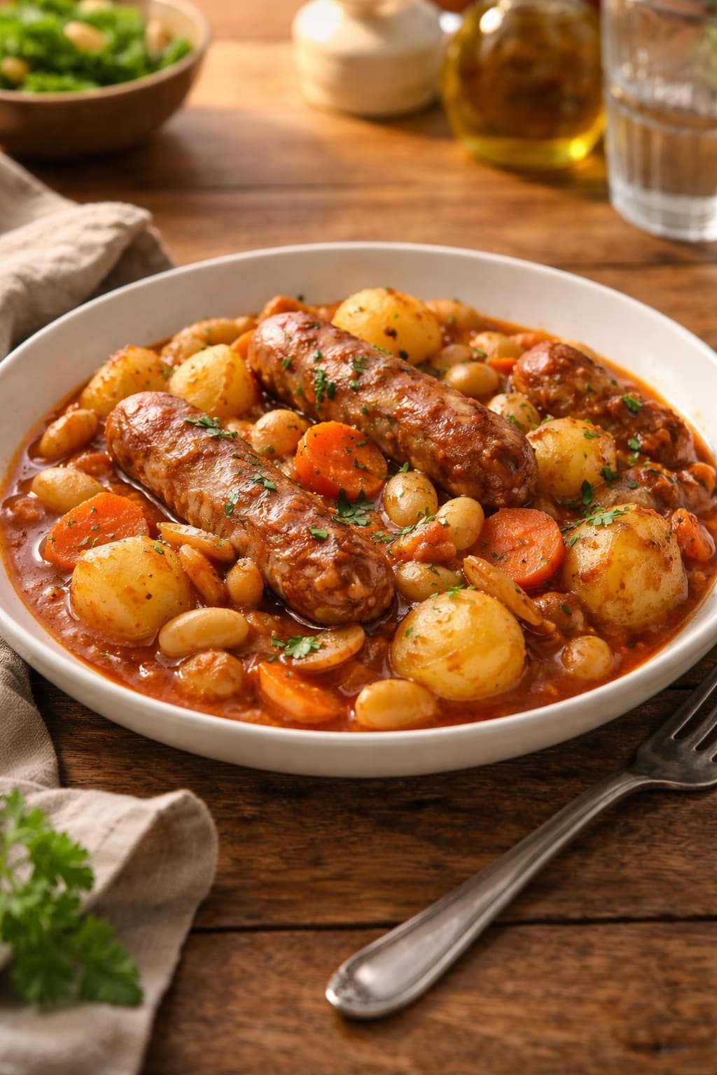 Sausage Bean Hotpot plated and ready to serve.