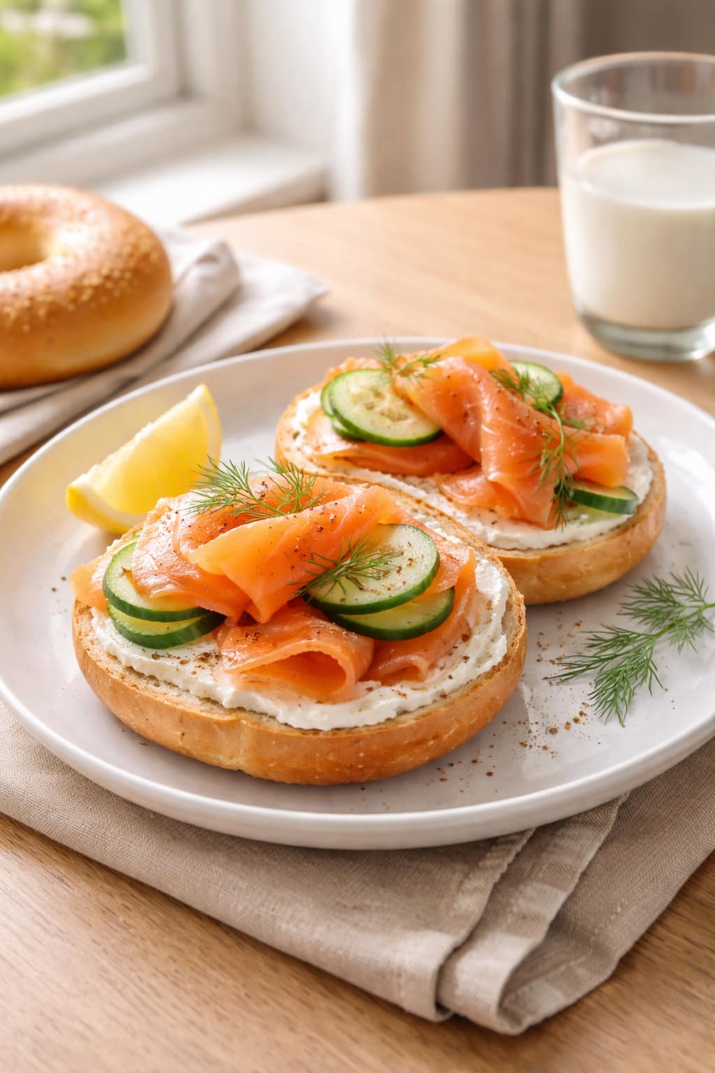 Smoked Salmon Bagels plated and ready to serve.