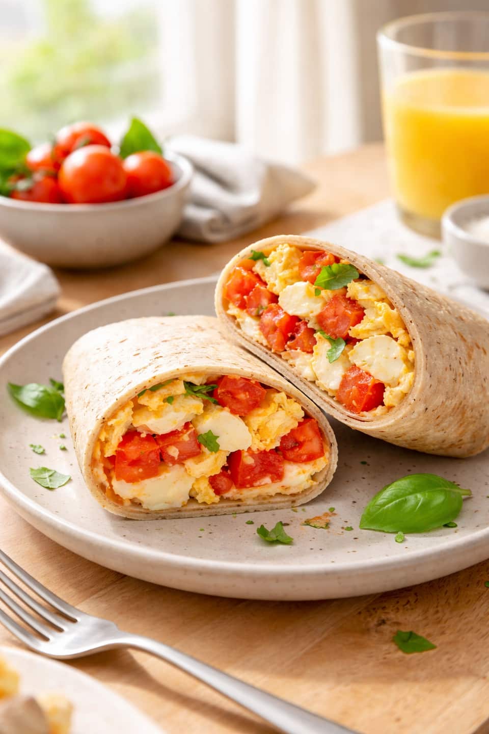Tomato Mozzarella Breakfast Wraps plated and ready to serve.