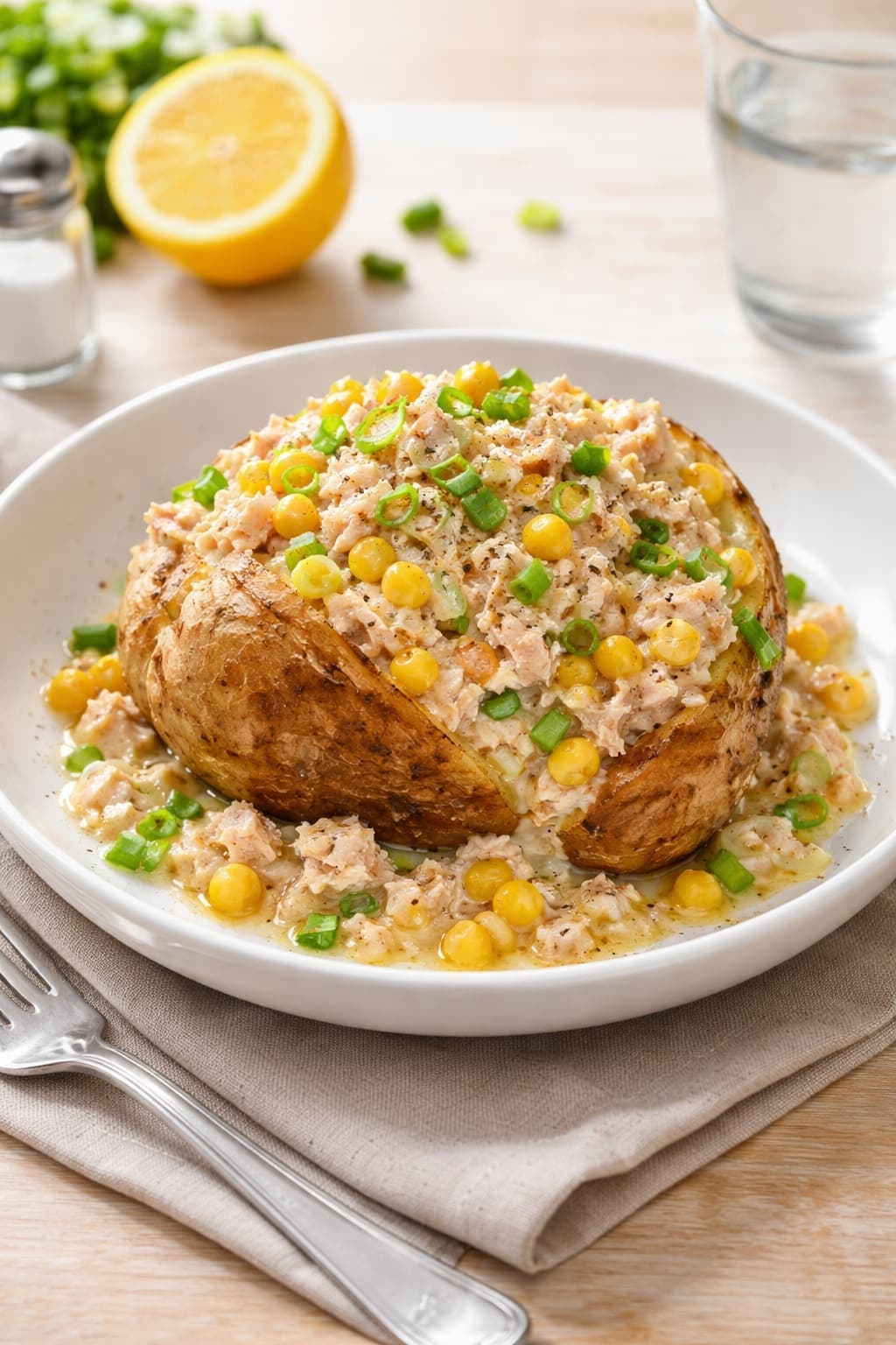 Tuna Sweetcorn Jacket Potatoes plated and ready to serve.