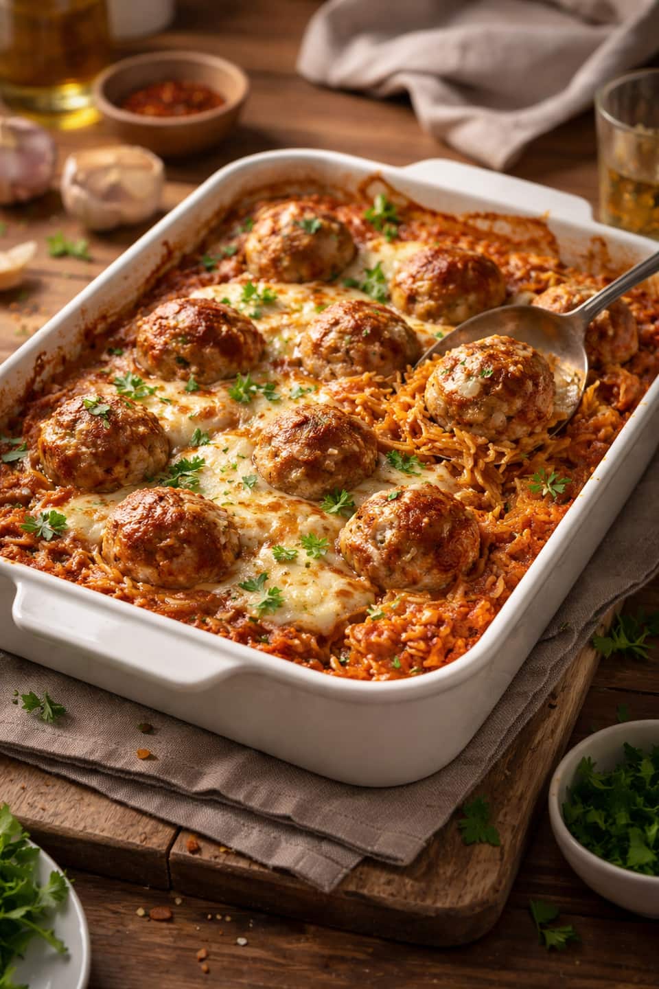 A baked orzo dish with turkey meatballs and melted cheese.