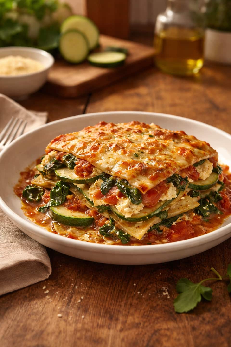 Vegetable Lasagne plated and ready to serve.