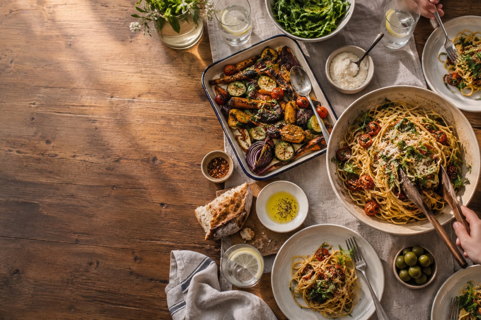 Illustrative shared dinner table with pasta, roasted vegetables and salad.