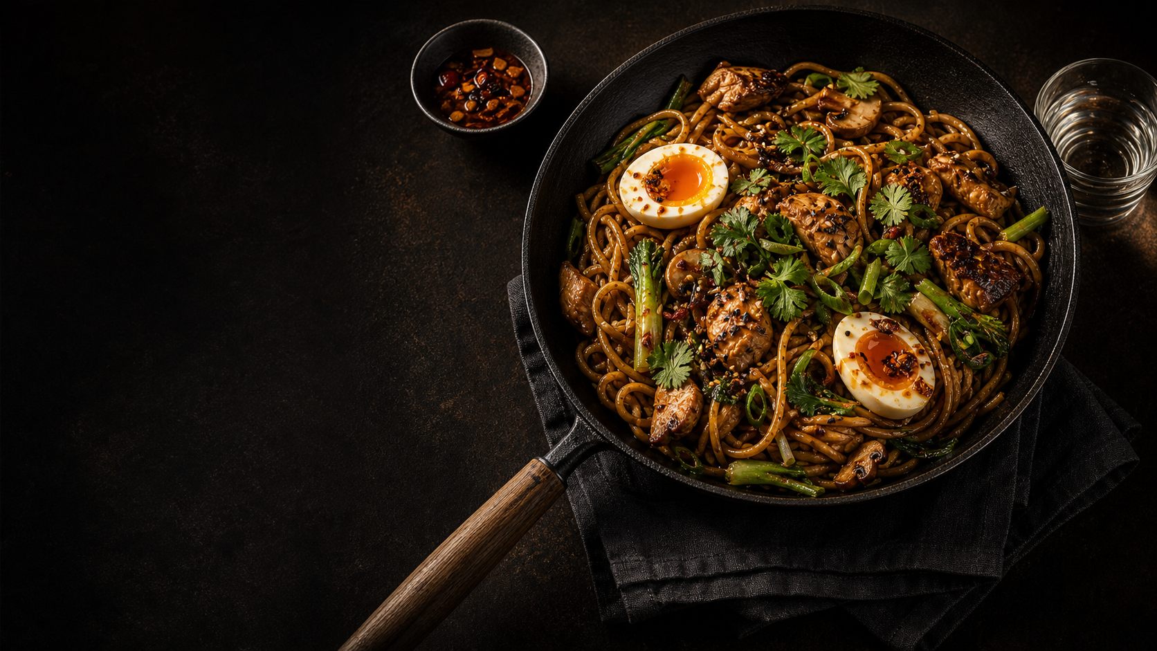 Noodles with mushrooms, greens, herbs and eggs in a dark wok.