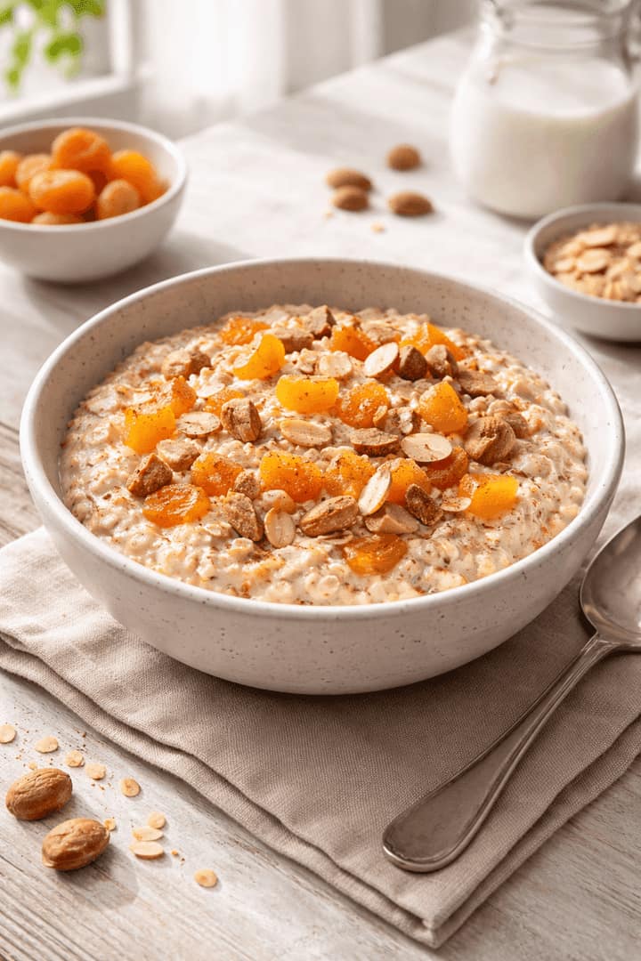 Porridge topped with apricots and almonds.
